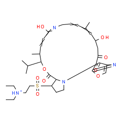 ChemSpider 2D Image | N,N-Diethyl-2-{[21-hydroxy-10-isopropyl-11,19-dimethyl-2,8,14,23-tetraoxo-9,26-dioxa-3,15,28-triazatricyclo[23.2.1.0~3,7~]octacosa-1(27),12,17,19,25(28)-pentaen-6-yl]sulfonyl}ethanaminium | C34H51N4O9S
