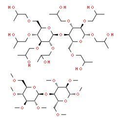 ChemSpider 2D Image | 2-Hydroxypropyl 2,3,6-tris-O-(2-hydroxypropyl)-4-O-[2,3,4,6-tetrakis-O-(2-hydroxypropyl)-beta-D-glucopyranosyl]-beta-D-glucopyranoside - methyl 2,3,6-tri-O-methyl-4-O-(2,3,4,6-tetra-O-methyl-beta-D-gl
ucopyranosyl)-beta-D-glucopyranoside (1:1) | C56H108O30