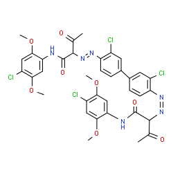 ChemSpider 2D Image | N-(4-Chloro-2,5-dimethoxyphenyl)-2-[(E)-{3,3'-dichloro-4'-[(Z)-{1-[(4-chloro-2,5-dimethoxyphenyl)amino]-1,3-dioxo-2-butanyl}diazenyl]-4-biphenylyl}diazenyl]-3-oxobutanamide | C36H32Cl4N6O8