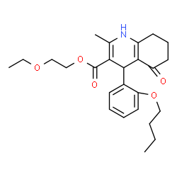 ChemSpider 2D Image | 2-Ethoxyethyl 4-(2-butoxyphenyl)-2-methyl-5-oxo-1,4,5,6,7,8-hexahydro-3-quinolinecarboxylate | C25H33NO5