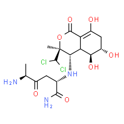 ChemSpider 2D Image | (5S)-5-Amino-N~2~-[(3S,4S,5S,6S)-3-(dichloromethyl)-5,6,8-trihydroxy-3-methyl-1-oxo-3,4,4a,5,6,7-hexahydro-1H-isochromen-4-yl]-4-oxo-L-norleucinamide | C17H25Cl2N3O7