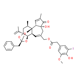 ChemSpider 2D Image | [(1R,2R,6R,10S,11R,13S,15R,17R)-13-Benzyl-6-hydroxy-15-isopropenyl-4,17-dimethyl-5-oxo-12,14,18-trioxapentacyclo[11.4.1.0~1,10~.0~2,6~.0~11,15~]octadeca-3,8-dien-8-yl]methyl (4-hydroxy-3-iodo-5-methox
yphenyl)acetate | C37H39IO9