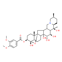 ChemSpider 2D Image | (3beta,4alpha,5xi,8xi,12xi,13xi,15alpha,16beta,17xi)-4,14,15,16,20-Pentahydroxy-4,9-epoxycevan-3-yl 3,4-dimethoxybenzoate | C36H51NO10