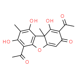 ChemSpider 2D Image | 2,6-Diacetyl-1,7,9-trihydroxy-8,9b-dimethyldibenzo[b,d]furan-3(9bH)-one | C18H16O7