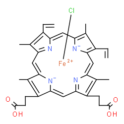 ChemSpider 2D Image | Chloroiron(2+) 2,18-bis(2-carboxyethyl)-3,7,12,17-tetramethyl-8,13-divinylporphine-21,23-diide | C34H32ClFeN4O4