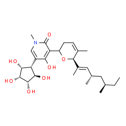 ChemSpider 2D Image | 3-{(6S)-6-[(2E,4S,6R)-4,6-Dimethyl-2-octen-2-yl]-5-methyl-3,6-dihydro-2H-pyran-2-yl}-4-hydroxy-1-methyl-5-[(1R,2R,3R,4S,5R)-2,3,4,5-tetrahydroxycyclopentyl]-2(1H)-pyridinone | C27H41NO7