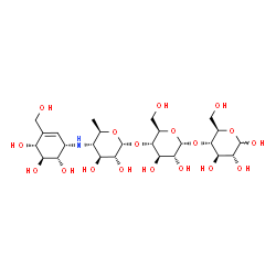 ChemSpider 2D Image | 4,6-Dideoxy-4-{[(1S,4R,5S,6S)-4,5,6-trihydroxy-3-(hydroxymethyl)-2-cyclohexen-1-yl]amino}-alpha-D-glucopyranosyl-(1->4)-alpha-D-glucopyranosyl-(1->4)-D-glucopyranose | C25H43NO18