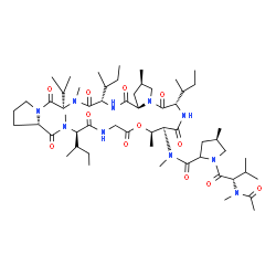ChemSpider 2D Image | N-Acetyl-N-methyl-L-valyl-(4R)-N,4-dimethyl-N-{(2R,6S,9S,10R,16R,18aS,24R,27S,29aR)-6,16,27-tri[(2S)-2-butanyl]-24-isopropyl-2,10,17,25-tetramethyl-5,8,12,15,18,23,26,29-octaoxohexacosahydro-1H,12H-di
pyrrolo[2,1-i:2',1'-r][1,4,7,10,13,16,19,22]oxaheptaazacyclopentacosin-9-yl}prolinamide | C57H96N10O12