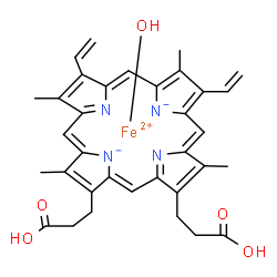 ChemSpider 2D Image | Hydroxyiron(2+) 2,18-bis(2-carboxyethyl)-3,7,12,17-tetramethyl-8,13-divinylporphine-21,23-diide | C34H33FeN4O5