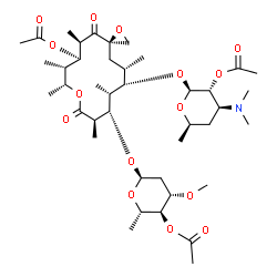 ChemSpider 2D Image | (3R,5R,6R,7S,8R,11R,12S,13R,14S,15S)-12-[(4-O-Acetyl-2,6-dideoxy-3-O-methyl-alpha-L-arabino-hexopyranosyl)oxy]-14-{[2-O-acetyl-3,4,6-trideoxy-3-(dimethylamino)-beta-D-xylo-hexopyranosyl]oxy}-5,7,8,11,
13,15-hexamethyl-4,10-dioxo-1,9-dioxaspiro[2.13]hexadec-6-yl acetate | C41H67NO15