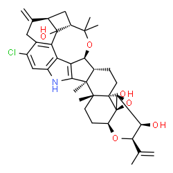 ChemSpider 2D Image | (2R,3S,3aS,4aR,4bS,6aR,7S,8S,9aR,14bS,14cR,16aS)-12-Chloro-2-isopropenyl-14b,14c,17,17-tetramethyl-10-methylene-3,3a,6,6a,7,8,9,9a,10,11,14,14b,14c,15,16,16a-hexadecahydro-2H,4bH-7,8-(epoxymethano)cyc
lobuta[5,6]benzo[1,2-e]oxireno[4',4a']chromeno[5',6':6,7]indeno[1,2-b]indole-3,4b,7d(5H)-triol | C37H44ClNO6
