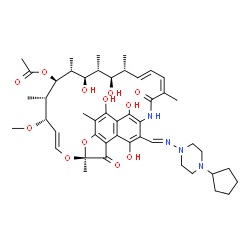 ChemSpider 2D Image | (7S,9E,11S,12S,13S,14R,15R,16R,17R,18R,19E,21Z)-26-{(E)-[(4-Cyclopentyl-1-piperazinyl)imino]methyl}-2,15,17,27,29-pentahydroxy-11-methoxy-3,7,12,14,16,18,22-heptamethyl-6,23-dioxo-8,30-dioxa-24-azatet
racyclo[23.3.1.1~4,7~.0~5,28~]triaconta-1(28),2,4,9,19,21,25(29),26-octaen-13-yl acetate | C47H64N4O12