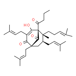ChemSpider 2D Image | (1R,5S,6R,7S)-5-Butyryl-4-hydroxy-6-methyl-1,3,7-tris(3-methyl-2-buten-1-yl)-6-(4-methyl-3-penten-1-yl)bicyclo[3.3.1]non-3-ene-2,9-dione | C35H52O4
