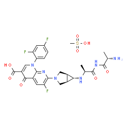 ChemSpider 2D Image | 7-[(1R,5S,6s)-6-{[(2S)-1-{[(2S)-2-Aminopropanoyl]amino}-1-oxo-2-propanyl]amino}-3-azabicyclo[3.1.0]hex-3-yl]-1-(2,4-difluorophenyl)-6-fluoro-4-oxo-1,4-dihydro-1,8-naphthyridine-3-carboxylic acid metha
nesulfonate (1:1) | C27H29F3N6O8S