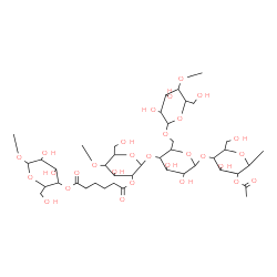 ChemSpider 2D Image | 2-{[6-{[5-Acetoxy-4-hydroxy-2-(hydroxymethyl)-6-methyltetrahydro-2H-pyran-3-yl]oxy}-2-({[3,4-dihydroxy-6-(hydroxymethyl)-5-methoxytetrahydro-2H-pyran-2-yl]oxy}methyl)-4,5-dihydroxytetrahydro-2H-pyran-
3-yl]oxy}-4-hydroxy-6-(hydroxymethyl)-5-methoxytetrahydro-2H-pyran-3-yl 4,5-dihydroxy-2-(hydroxymethyl)-6-methoxytetrahydro-2H-pyran-3-yl hexanedioate | C42H70O29
