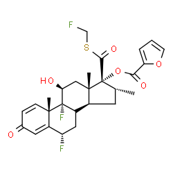 ChemSpider 2D Image | (6alpha,8xi,11beta,16alpha,17alpha)-6,9-Difluoro-17-{[(fluoromethyl)sulfanyl]carbonyl}-11-hydroxy-16-methyl-3-oxoandrosta-1,4-dien-17-yl 2-furoate | C27H29F3O6S