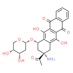 ChemSpider 2D Image | (1S,3S)-3-Acetyl-3-amino-5,12-dihydroxy-6,11-dioxo-1,2,3,4,6,11-hexahydro-1-tetracenyl 2-deoxy-alpha-D-erythro-pentopyranoside | C25H25NO9