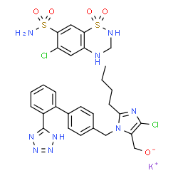 ChemSpider 2D Image | Potassium (2-butyl-4-chloro-1-{[2'-(1H-tetrazol-5-yl)-4-biphenylyl]methyl}-1H-imidazol-5-yl)methanolate - 6-chloro-3,4-dihydro-2H-1,2,4-benzothiadiazine-7-sulfonamide 1,1-dioxide (1:1:1) | C29H30Cl2KN9O5S2