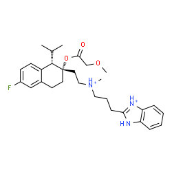 ChemSpider 2D Image | 2-{3-[{2-[(1S,2S)-6-Fluoro-1-isopropyl-2-(2-methoxyacetoxy)-1,2,3,4-tetrahydro-2-naphthalenyl]ethyl}(methyl)ammonio]propyl}-1H-3,1-benzimidazol-1-ium | C29H40FN3O3