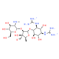 ChemSpider 2D Image | {[(1R,2R,3S,4R,5R,6S)-4-({5-Deoxy-2-O-[2-deoxy-2-(methylamino)-alpha-L-glucopyranosyl]-3-C-formyl-alpha-L-lyxofuranosyl}oxy)-2,5,6-trihydroxy-1,3-cyclohexanediyl]diimino}bis(iminomethanaminium) | C21H41N7O12