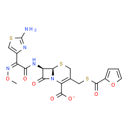 ChemSpider 2D Image | (6R,7R)-7-{[(2Z)-2-(2-Amino-1,3-thiazol-4-yl)-2-(methoxyimino)acetyl]amino}-3-[(2-furoylsulfanyl)methyl]-8-oxo-5-thia-1-azabicyclo[4.2.0]oct-2-ene-2-carboxylate | C19H16N5O7S3