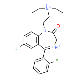 ChemSpider 2D Image | 7-Chloro-1-[2-(diethylammonio)ethyl]-5-(2-fluorophenyl)-2-oxo-2,3-dihydro-1H-1,4-benzodiazepin-4-ium | C21H25ClFN3O