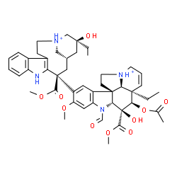ChemSpider 2D Image | (2beta,3beta,4beta,5alpha,12beta,19alpha)-4-Acetoxy-15-[(1S,13S,15S,17S)-17-ethyl-17-hydroxy-13-(methoxycarbonyl)-11-aza-1-azoniatetracyclo[13.3.1.0~4,12~.0~5,10~]nonadeca-4(12),5,7,9-tetraen-13-yl]-1
-formyl-3-hydroxy-16-methoxy-3-(methoxycarbonyl)-6,7-didehydroaspidospermidin-9-ium | C46H58N4O10