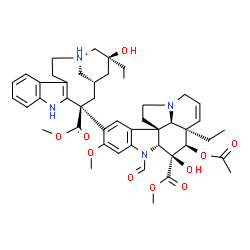 ChemSpider 2D Image | Methyl (2beta,3beta,4beta,5alpha,12beta,19alpha)-4-acetoxy-15-[(1S,13S,15S,17S)-17-ethyl-17-hydroxy-13-(methoxycarbonyl)-11-aza-1-azoniatetracyclo[13.3.1.0~4,12~.0~5,10~]nonadeca-4(12),5,7,9-tetraen-1
3-yl]-1-formyl-3-hydroxy-16-methoxy-6,7-didehydroaspidospermidine-3-carboxylate | C46H57N4O10