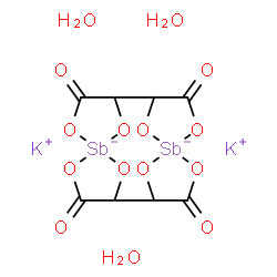 ChemSpider 2D Image | Potassium 3,6,10,13-tetraoxo-2,7,9,14,15,16,17,18-octaoxa-1,8-distibapentacyclo[10.2.1.1~1,4~.1~5,8~.1~8,11~]octadecane-1,8-diuide hydrate (2:1:3) | C8H10K2O15Sb2