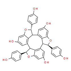 ChemSpider 2D Image | (2R,7R,12S)-2,7,12-Tris(4-hydroxyphenyl)-2,2a,7,7a,12,12a-hexahydrobis[1]benzofuro[3',4':4,5,6;3'',4'':7,8,9]cyclonona[1,2,3-cd][1]benzofuran-4,9,14-triol | C42H30O9