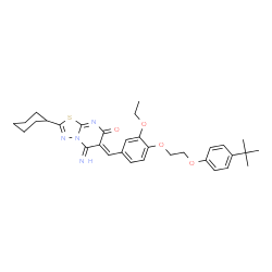 ChemSpider 2D Image | (6Z)-2-Cyclohexyl-6-(3-ethoxy-4-{2-[4-(2-methyl-2-propanyl)phenoxy]ethoxy}benzylidene)-5-imino-5,6-dihydro-7H-[1,3,4]thiadiazolo[3,2-a]pyrimidin-7-one | C32H38N4O4S