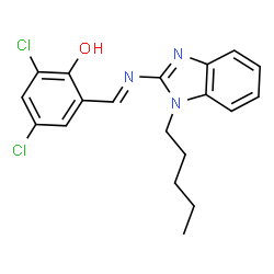 ChemSpider 2D Image | 2,4-Dichloro-6-{(E)-[(1-pentyl-1H-benzimidazol-2-yl)imino]methyl}phenol | C19H19Cl2N3O