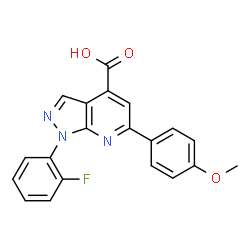 ChemSpider 2D Image | 1-(2-Fluorophenyl)-6-(4-methoxyphenyl)pyrazolo[3,4-b]pyridine-4-carboxylic acid | C20H14FN3O3