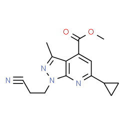 ChemSpider 2D Image | Methyl 1-(2-cyanoethyl)-6-cyclopropyl-3-methyl-1H-pyrazolo[3,4-b]pyridine-4-carboxylate | C15H16N4O2