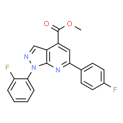ChemSpider 2D Image | Methyl 1-(2-fluorophenyl)-6-(4-fluorophenyl)-1H-pyrazolo[3,4-b]pyridine-4-carboxylate | C20H13F2N3O2