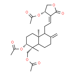 ChemSpider 2D Image | (3S,4E)-4-{2-[(5R,6R,8aS)-6-Acetoxy-5-(acetoxymethyl)-5,8a-dimethyl-2-methylenedecahydro-1-naphthalenyl]ethylidene}-5-oxotetrahydro-3-furanyl acetate | C26H36O8