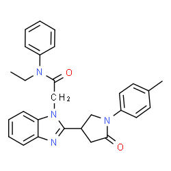 ChemSpider 2D Image | N-Ethyl-2-{2-[1-(4-methylphenyl)-5-oxo-3-pyrrolidinyl]-1H-benzimidazol-1-yl}-N-phenylacetamide | C28H28N4O2