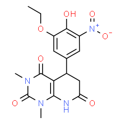 ChemSpider 2D Image | 5-(3-Ethoxy-4-hydroxy-5-nitrophenyl)-1,3-dimethyl-5,8-dihydropyrido[2,3-d]pyrimidine-2,4,7(1H,3H,6H)-trione | C17H18N4O7