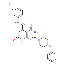ChemSpider 2D Image | 2-(4-Benzyl-1-piperidinyl)-N-(3-methoxyphenyl)-4,7-dioxo-1,4,5,6,7,8-hexahydropyrido[2,3-d]pyrimidine-5-carboxamide | C27H29N5O4