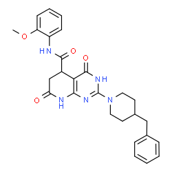 ChemSpider 2D Image | 2-(4-Benzyl-1-piperidinyl)-N-(2-methoxyphenyl)-4,7-dioxo-1,4,5,6,7,8-hexahydropyrido[2,3-d]pyrimidine-5-carboxamide | C27H29N5O4