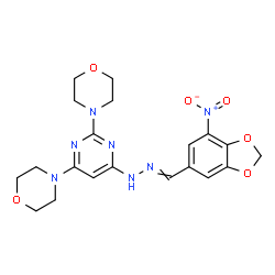 ChemSpider 2D Image | 4,4'-(6-{2-[(7-Nitro-1,3-benzodioxol-5-yl)methylene]hydrazino}-2,4-pyrimidinediyl)dimorpholine | C20H23N7O6