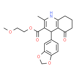 ChemSpider 2D Image | 2-Methoxyethyl 4-(1,3-benzodioxol-5-yl)-2-methyl-5-oxo-1,4,5,6,7,8-hexahydro-3-quinolinecarboxylate | C21H23NO6