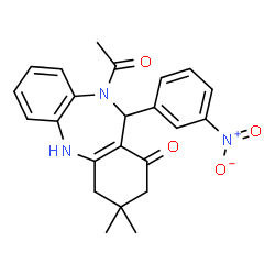ChemSpider 2D Image | 10-Acetyl-3,3-dimethyl-11-(3-nitrophenyl)-2,3,4,5,10,11-hexahydro-1H-dibenzo[b,e][1,4]diazepin-1-one | C23H23N3O4