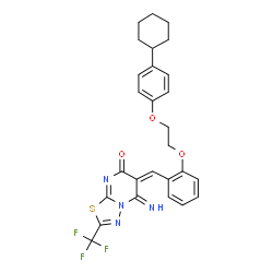 ChemSpider 2D Image | (6E)-6-{2-[2-(4-Cyclohexylphenoxy)ethoxy]benzylidene}-5-imino-2-(trifluoromethyl)-5,6-dihydro-7H-[1,3,4]thiadiazolo[3,2-a]pyrimidin-7-one | C27H25F3N4O3S