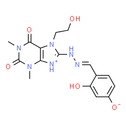 ChemSpider 2D Image | 8-[(2E)-2-(2,4-Dihydroxybenzylidene)hydrazino]-7-(2-hydroxyethyl)-1,3-dimethyl-3,7-dihydro-1H-purine-2,6-dione | C16H18N6O5