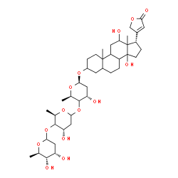 ChemSpider 2D Image | (8xi,9xi,10xi,13xi,14xi,17alpha)-3-{[2,6-Dideoxy-D-ribo-hexopyranosyl-(1->4)-(4xi)-2,6-dideoxy-D-erythro-hexopyranosyl-(1->4)-(4xi)-2,6-dideoxy-beta-D-erythro-hexopyranosyl]oxy}-12,14-dihydroxycard-20
(22)-enolide | C41H64O14