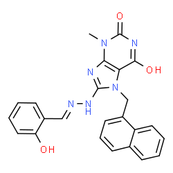 ChemSpider 2D Image | 8-[(2E)-2-(2-Hydroxybenzylidene)hydrazino]-3-methyl-7-(1-naphthylmethyl)-3,7-dihydro-1H-purine-2,6-dione | C24H20N6O3