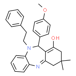 ChemSpider 2D Image | 11-(4-Methoxyphenyl)-3,3-dimethyl-10-(2-phenylethyl)-3,4,10,11-tetrahydro-2H-dibenzo[b,e][1,4]diazepin-1-ol | C30H32N2O2