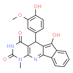 ChemSpider 2D Image | 6-Hydroxy-5-(4-hydroxy-3-methoxyphenyl)-1-methyl-1H-indeno[2',1':5,6]pyrido[2,3-d]pyrimidine-2,4(3H,5H)-dione | C22H17N3O5