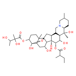ChemSpider 2D Image | (4alpha,5xi,7alpha,8xi,10xi,13xi,15alpha,25xi)-4,7,14,16,20-Pentahydroxy-15-[(2-methylbutanoyl)oxy]-4,9-epoxycevan-3-yl 2,3-dihydroxy-2-methylbutanoate | C37H59NO12